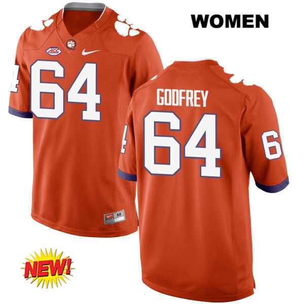 Women's Clemson Tigers #64 Pat Godfrey Stitched Orange New Style Authentic Nike NCAA College Football Jersey SDT2346FY